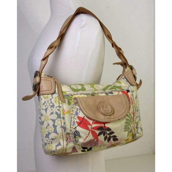 ROOMY FOSSIL FLORAL CANVAS GENUINE LEATHER TOTE HOBO SHOULDER BAG HANDBAG PURSE - Picture 3 of 9